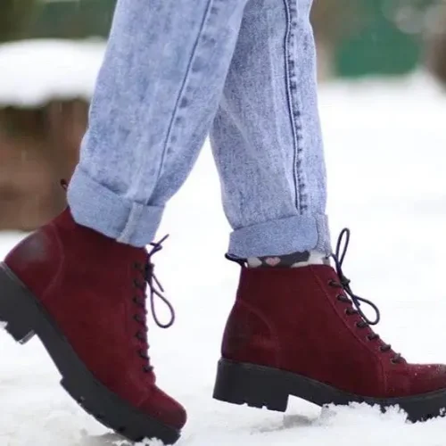 Women’s Burgundy Suede Lace-up Chunky Boots