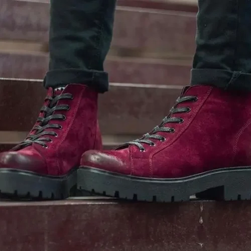 Women’s Burgundy Suede Lace-up Chunky Boots