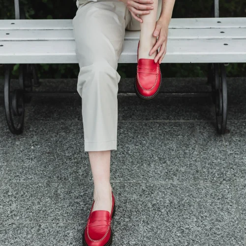 Red Penny Loafer Women Shoes, Flat Red Leather Loafers