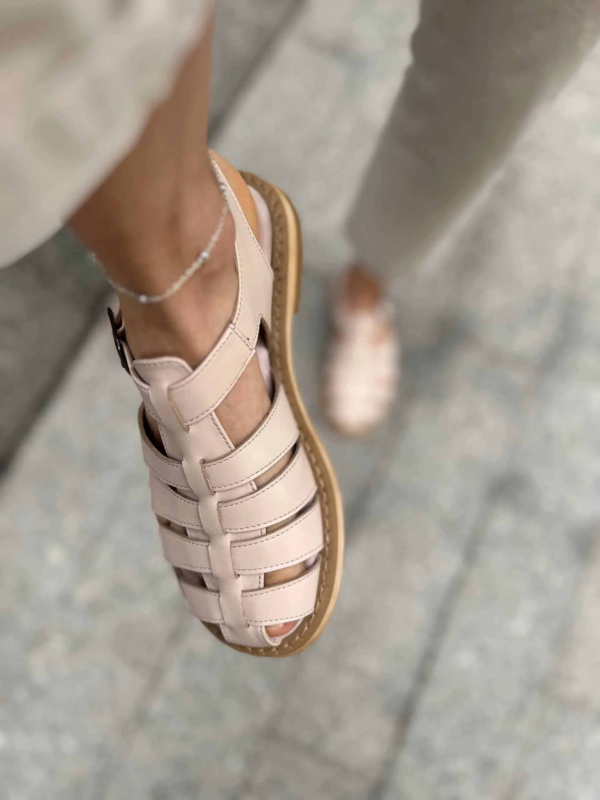 Leather Fisherman Sandals: Beige Closed Toe